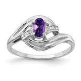 14k white gold amethyst and diamond ring featuring a central purple gemstone and sparkling side diamonds.