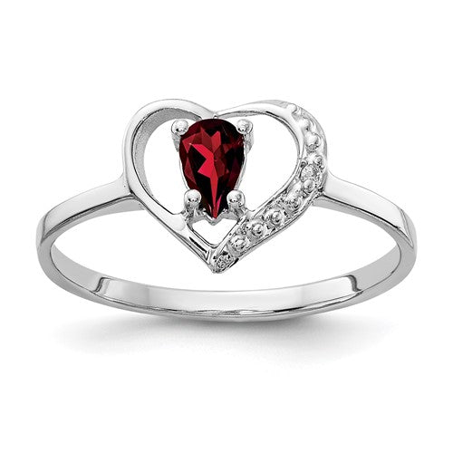 14k white gold ring with a 5x3mm pear-shaped garnet and AA-grade diamonds, crafted by Solomon Jewelers