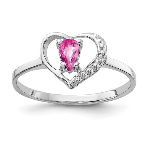 14k white gold ring with a 5x3mm pear-shaped pink sapphire and AA-quality diamonds, designed by Solomon Jewelers.