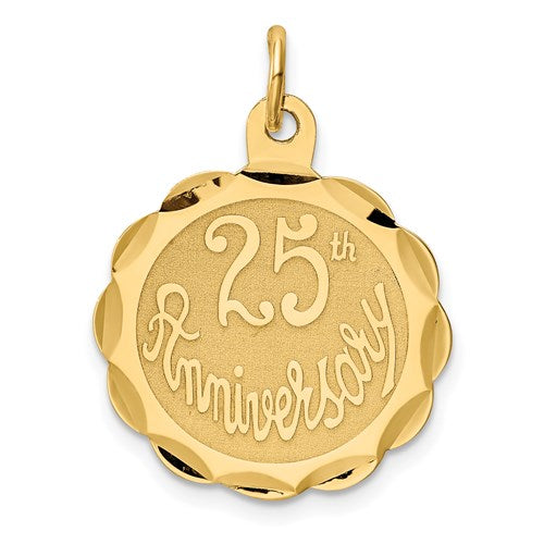 14k gold 25th anniversary disc charm pendant with engraved details, perfect for jewelry and special occasion accessories.