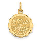 14K gold "A Date to Remember" disc charm pendant from Solomon Jewelers, featuring a sleek round design and engraved date detail.
