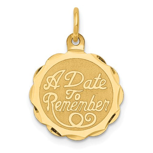 14K gold "A Date to Remember" disc charm pendant from Solomon Jewelers, featuring a sleek round design and engraved date detail.