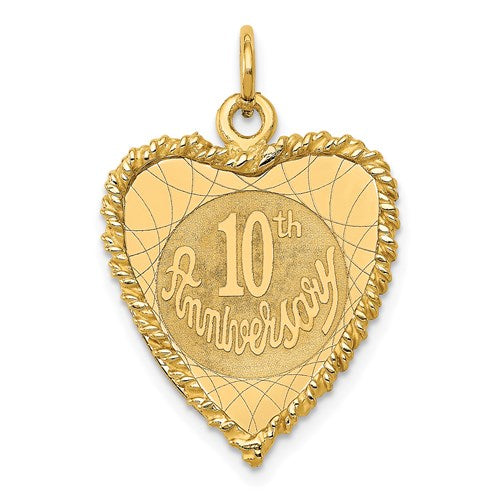 14K gold Happy 10th Anniversary charm pendant with engraved design, perfect for celebrating special milestones.