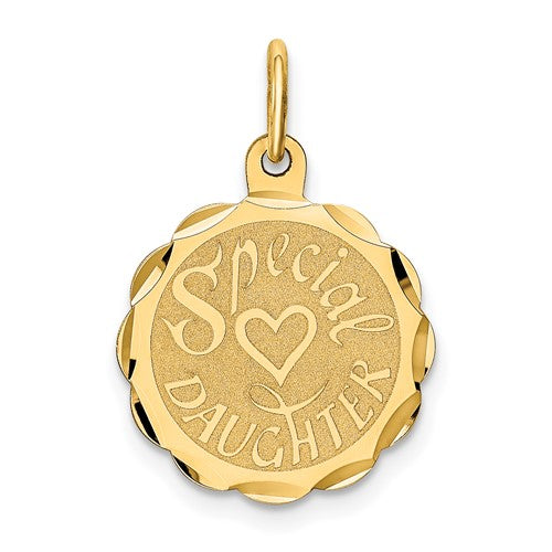 14K gold daughter charm pendant with intricate design, perfect for jewelry from Solomon Jewelers.