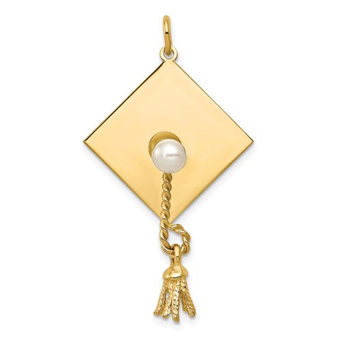 14k gold graduation cap pendant with FW cultured pearl charm, elegant jewelry accessory from Solomon Jewelers.