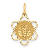 14k gold confirmation charm pendant with engraved details, crafted by Solomon Jewelers, displayed on a neutral background.
