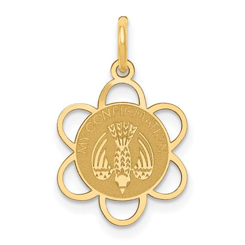 14k gold confirmation charm pendant with engraved details, crafted by Solomon Jewelers, displayed on a neutral background.