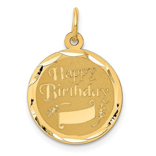 14K gold Happy Birthday charm pendant with engraved lettering, crafted by Solomon Jewelers, perfect for personalized jewelry.
