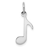 14k white gold polished musical note charm, jewelry pendant with a shiny finish, suitable for necklaces and bracelets.