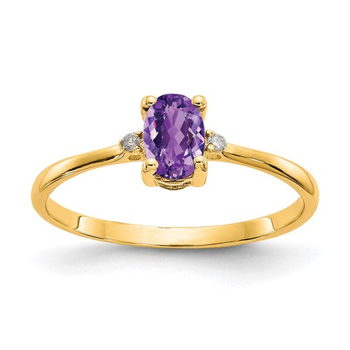 14k gold diamond and amethyst birthstone ring showcasing a sparkling amethyst gemstone and intricate gold band design.