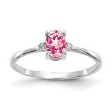 14k white gold diamond and pink tourmaline birthstone ring, elegant jewelry featuring sparkling stones and intricate band design.