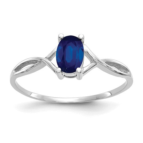 14k white gold sapphire birthstone ring featuring a central blue sapphire gemstone and elegant band design.