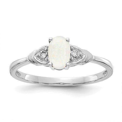14k white gold opal and diamond ring featuring a vibrant opal center stone and sparkling diamonds, crafted by Solomon Jewelers.