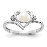 14k white gold heart-shaped ring with cultured pearl and diamond accents, elegant jewelry piece from Solomon Jewelers.