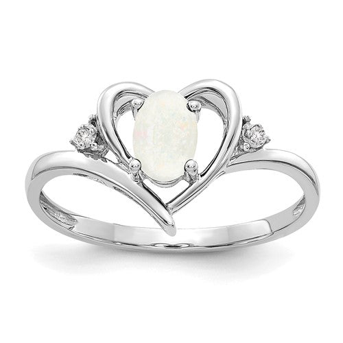 14k white gold heart-shaped opal and diamond ring, featuring sparkling gemstones, jewelry ring from Solomon Jewelers.