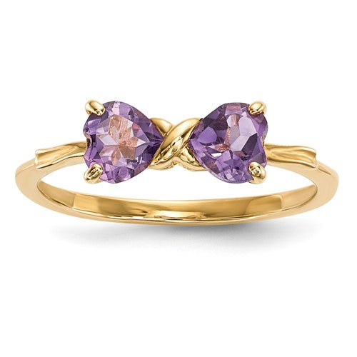 14k gold polished amethyst bow ring, elegant jewelry ring featuring a vibrant purple amethyst gemstone and a sleek gold band.