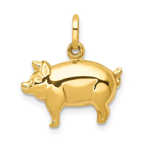 14k gold pig charm pendant, Solomon Jewelers jewelry piece with detailed animal design, suitable for necklaces and charm bracelets.