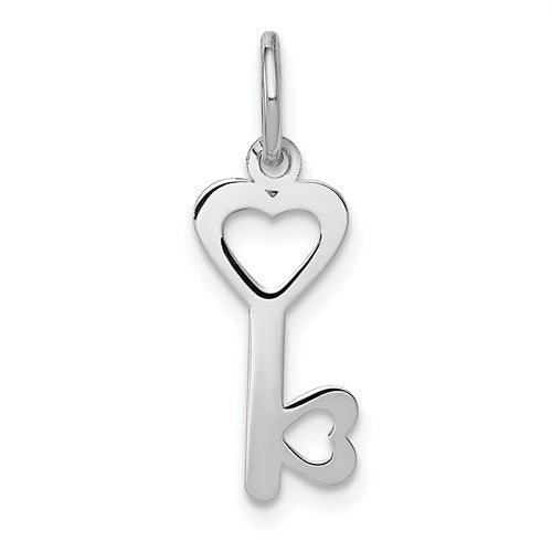 14k white gold heart-shaped key and lock charm pendant, showcasing intricate design from Solomon Jewelers.