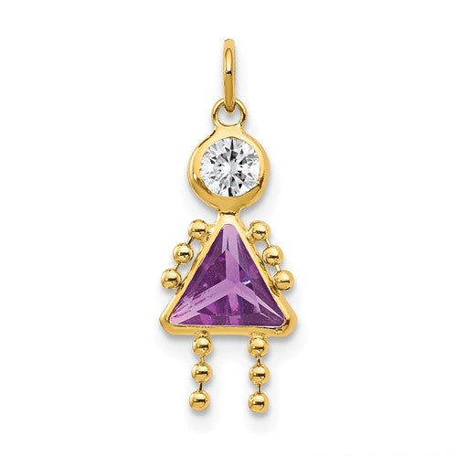 14k gold February girl birthstone charm pendant showcasing a sparkling gemstone and intricate design by Solomon Jewelers.