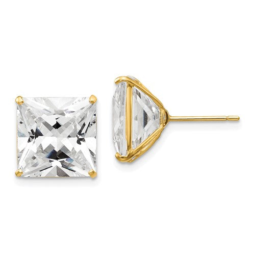 14k gold square CZ post earrings featuring 11mm size, stylish jewelry by Solomon Jewelers.