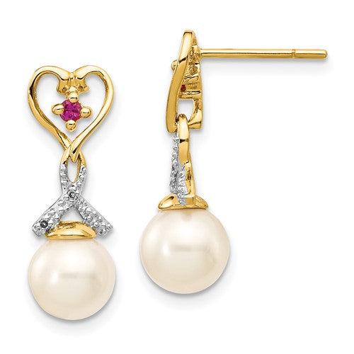 14k-7-8mm-fwc-pearl-created-ruby-diamond-heart-dangle-earrings-SolomonJeweler-Wichita-KS-CustomJewelry