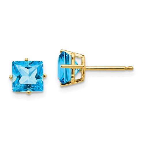14k-6mm-princess-cut-blue-topaz-earrings-SolomonJeweler-Wichita-KS-CustomJewelry