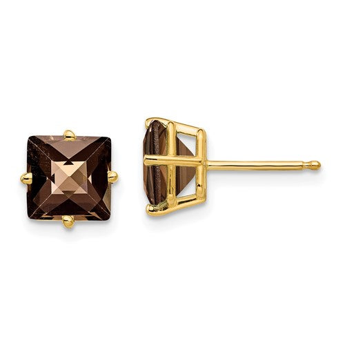 14k-7mm-square-checker-cut-smoky-quartz-earrings-SolomonJeweler-Wichita-KS-CustomJewelry