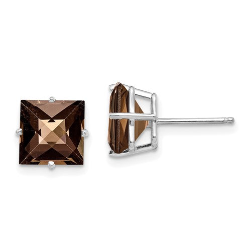 14kw-princess-4-prong-8-0mm-checker-cut-smoky-quartz-earrings-SolomonJeweler-Wichita-KS-CustomJewelry