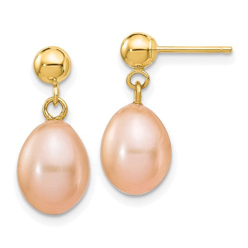 14k-7-8mm-pink-rice-freshwater-cultured-pearl-post-dangle-earrings-SolomonJeweler-Wichita-KS-CustomJewelry