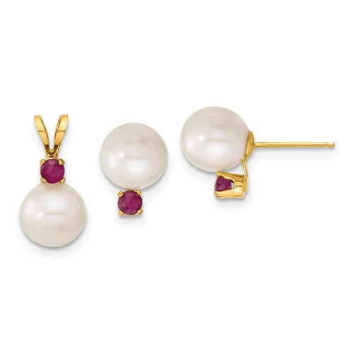 14k-7-8mm-white-fw-cultured-pearl-ruby-stud-earrings-pendant-SolomonJeweler-Wichita-KS-CustomJewelry