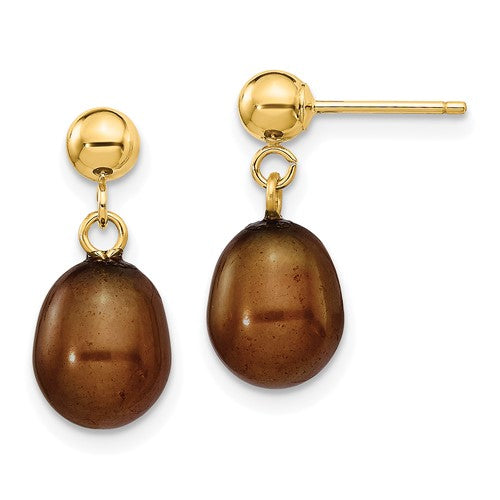 14k-7-8mm-brown-rice-freshwater-cultured-pearl-post-dangle-earrings-SolomonJeweler-Wichita-KS-CustomJewelry