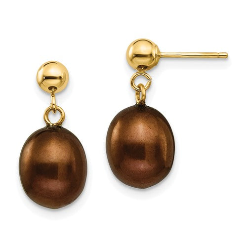 14k-8-9mm-brown-freshwater-cultured-pearl-post-dangle-earrings-SolomonJeweler-Wichita-KS-CustomJewelry