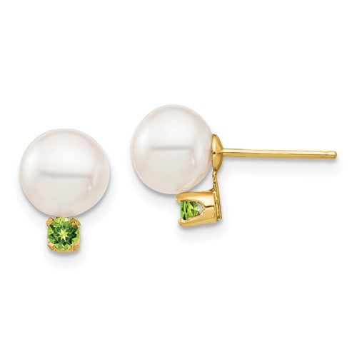14k-7-7-5mm-white-round-freshwater-cultured-pearl-peridot-post-earrings-SolomonJeweler-Wichita-KS-CustomJewelry