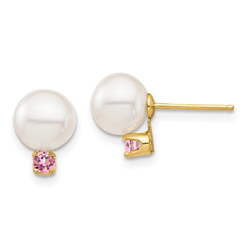 14k-7-7-5mm-white-round-freshwater-cultured-pearl-pink-topaz-post-earrings-SolomonJeweler-Wichita-KS-CustomJewelry