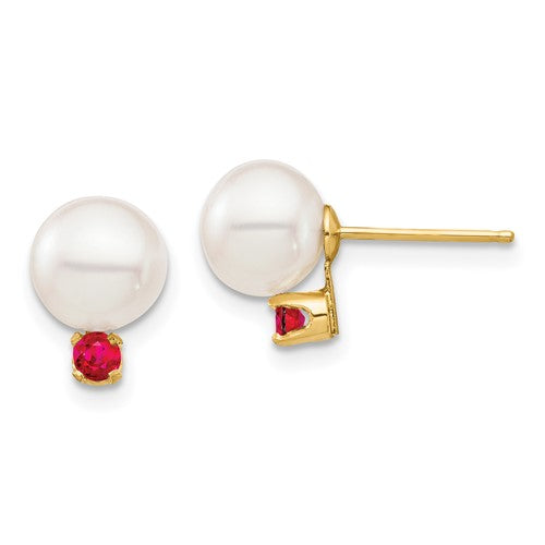 14k-7-7-5mm-white-round-freshwater-cultured-pearl-ruby-post-earrings-SolomonJeweler-Wichita-KS-CustomJewelry