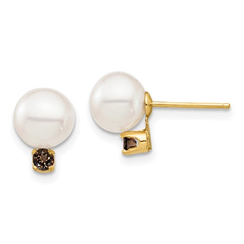 14k-7-7-5mm-white-round-fw-cultured-pearl-smokey-quartz-post-earrings-SolomonJeweler-Wichita-KS-CustomJewelry