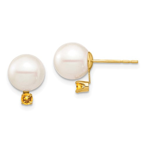 14k-8-8-5mm-white-round-freshwater-cultured-pearl-citrine-post-earrings-SolomonJeweler-Wichita-KS-CustomJewelry