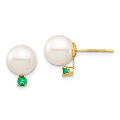 14k-8-8-5mm-white-round-freshwater-cultured-pearl-emerald-post-earrings-SolomonJeweler-Wichita-KS-CustomJewelry
