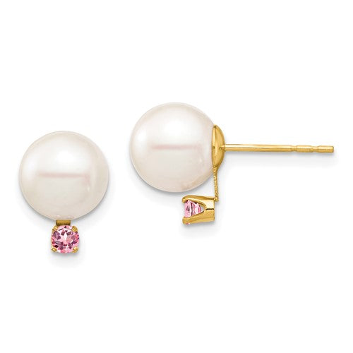 14k-8-8-5mm-white-round-freshwater-cultured-pearl-pink-topaz-post-earrings-SolomonJeweler-Wichita-KS-CustomJewelry