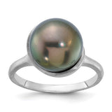 14K white gold brushed ring featuring a 10-11mm round black Tahitian pearl, elegant jewelry ring design