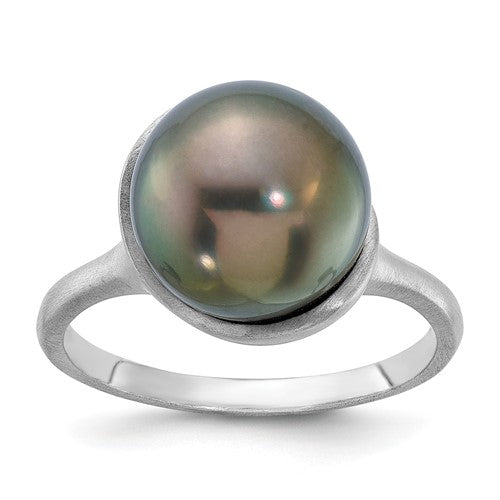 14K white gold brushed ring featuring a 10-11mm round black Tahitian pearl, elegant jewelry ring design