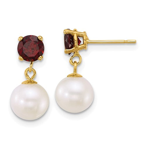 14k-7-8mm-round-white-fwc-pearl-and-garnet-post-dangle-earrings-SolomonJeweler-Wichita-KS-CustomJewelry