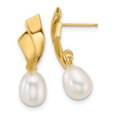 14k gold polished teardrop cultured pearl dangle earrings with post fastening, 5-7mm size, by Solomon Jewelers.