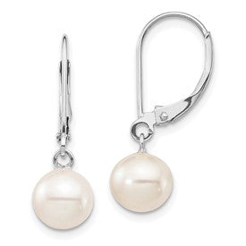 14k white gold dangle earrings featuring 7-8mm round freshwater cultured pearls by Solomon Jewelers