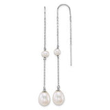 14k white gold freshwater cultured pearl threader earrings with teardrop and near-round pearls, designed by Solomon Jewelers.