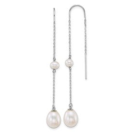 14k white gold freshwater cultured pearl threader earrings with teardrop and near-round pearls, designed by Solomon Jewelers.