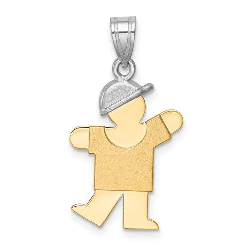 14k two-tone gold boy pendant with hat, small engravable charm, featuring a detailed figure on a jewelry chain.