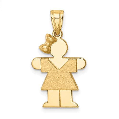 14k solid gold girl charm with engraved details and a bow on the left side, perfect for jewelry pendants and charms.