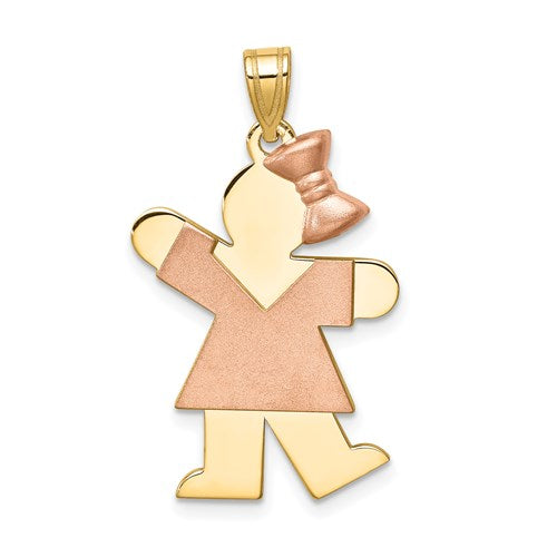 14k two-tone gold girl charm with bow on right, engravable pendant, jewelry by Solomon Jewelers.