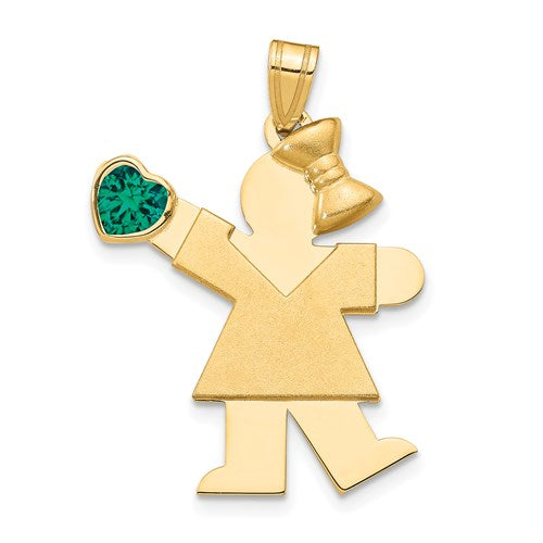 14k gold girl with CZ May birthstone charm pendant, Solomon Jewelers, showcasing a detailed jewelry piece with bright gemstone.